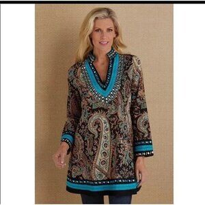 SOFT SURROUNDINGS Aubrey Blue Black‎ Tan Paisley V-Neck Boho Top Size Small